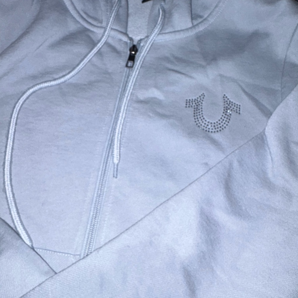 Rhinestone True Religion Womens Zip-Up Hoodie - Light Blue